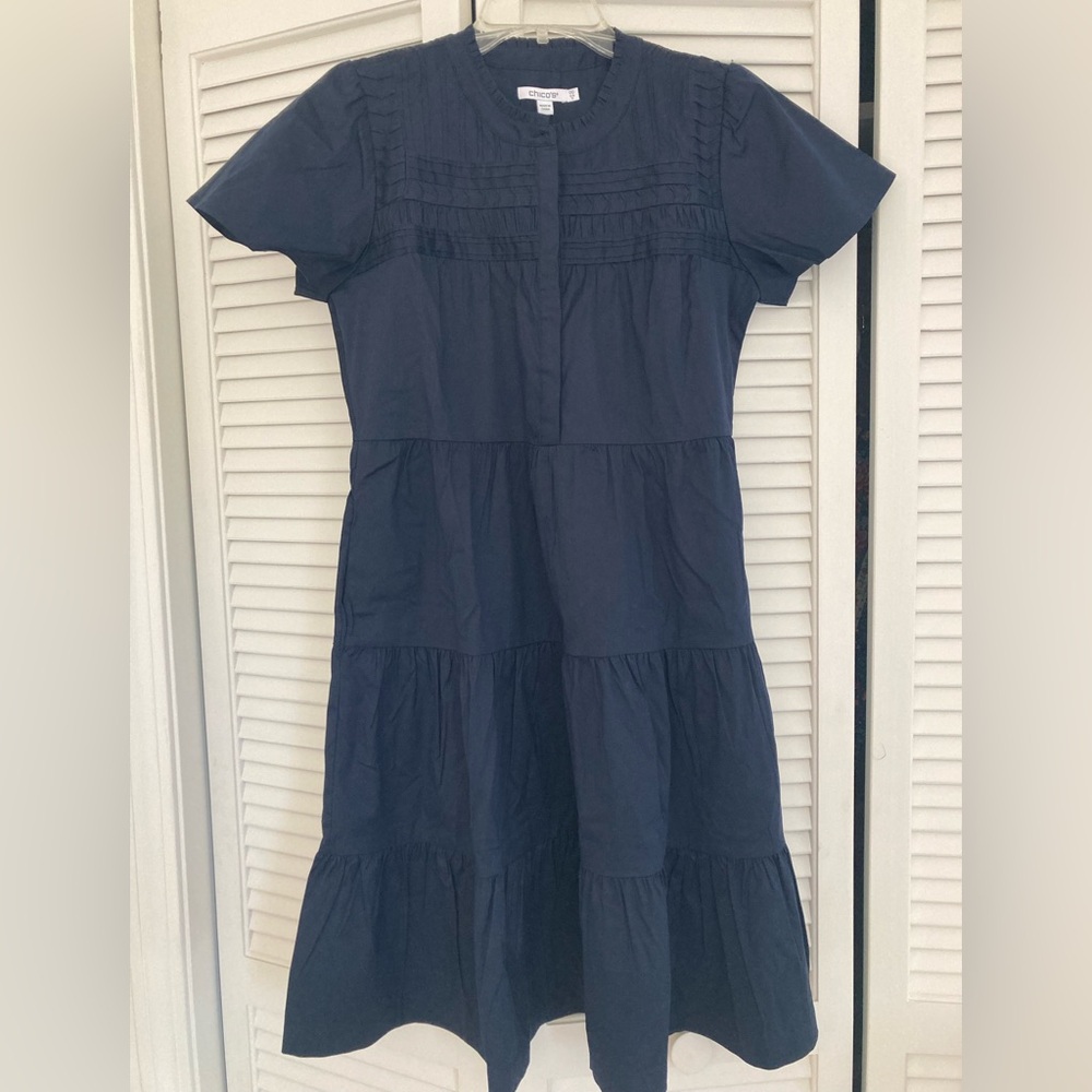 Chico's Navy tiered Cotton Short Sleeve Dress fits various sizes